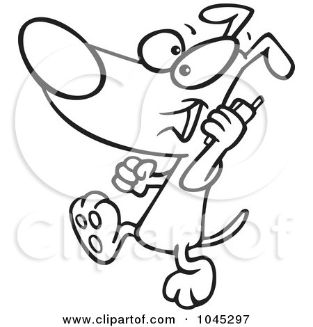 Royalty-Free (RF) Clip Art Illustration of a Cartoon Black And White Outline Design Of A Dog Talking On A Cell Phone by toonaday