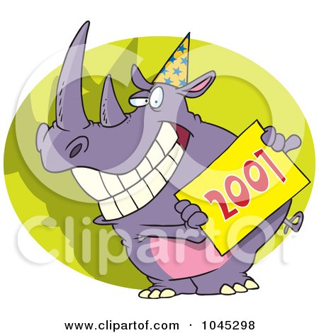 Royalty-Free (RF) Clip Art Illustration of a Cartoon New Year Rhino Holding A Sign by toonaday
