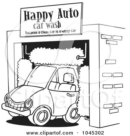 Royalty-Free (RF) Clip Art Illustration of a Cartoon Black And White Outline Design Of A Car Driving Through An Auto Wash by toonaday