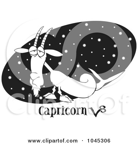 Royalty-Free (RF) Clip Art Illustration of a Cartoon Black And White Outline Design Of A Capricorn Sea Goat Over A Starry Black Oval by toonaday