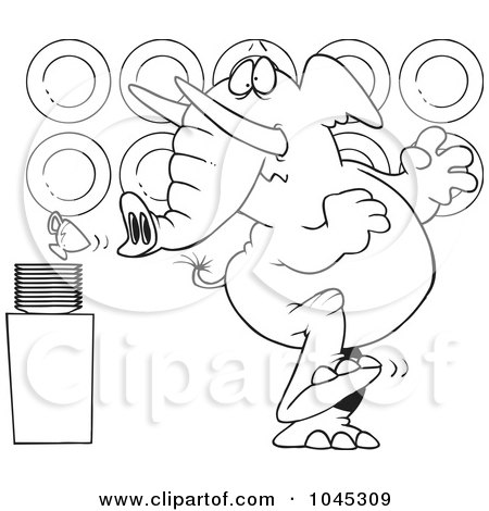 Royalty-Free (RF) Clip Art Illustration of a Cartoon Black And White Outline Design Of An Elephant In A China Shop by toonaday
