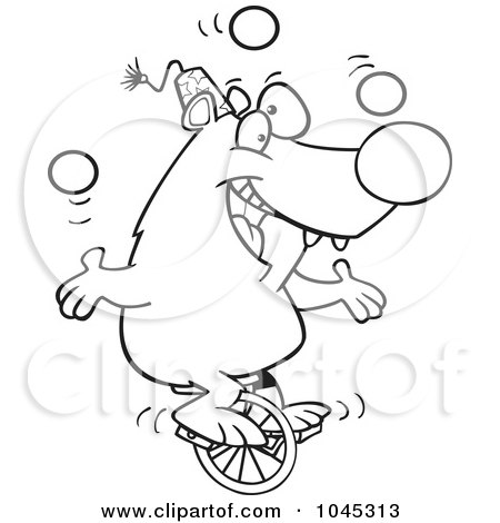 Royalty-Free (RF) Clip Art Illustration of a Cartoon Black And White Outline Design Of A Circus Bear Juggling On A Unicycle by toonaday