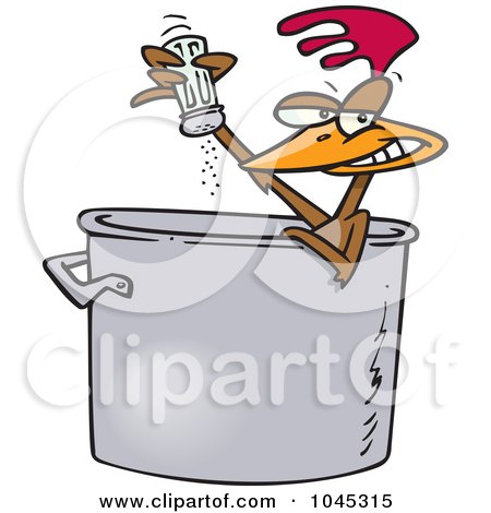Royalty-Free (RF) Clip Art Illustration of a Cartoon Chicken Seasoning Himself In A Soup Pot by toonaday