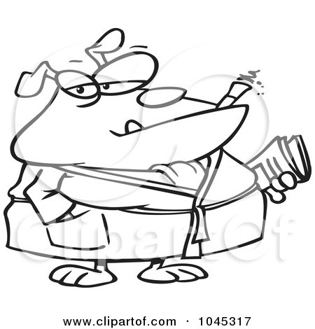 Royalty-Free (RF) Clip Art Illustration of a Cartoon Black And White Outline Design Of A Bulldog Smoking A Cigar In His Robe by toonaday