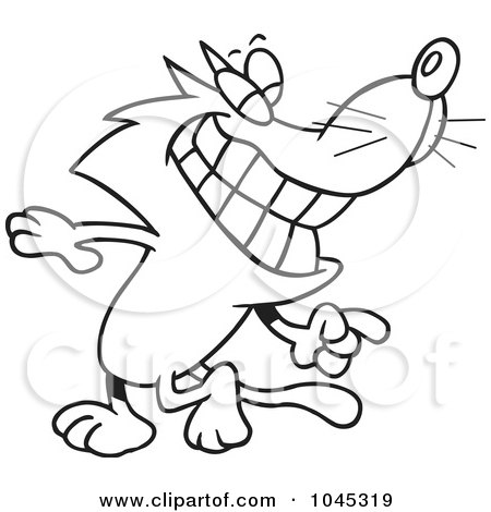 Royalty-Free (RF) Clip Art Illustration of a Cartoon Black And White Outline Design Of A Cat Looking Back And Grinning by toonaday