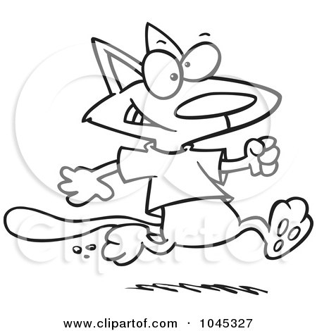 Royalty-Free (RF) Clip Art Illustration of a Cartoon Black And White Outline Design Of A Cat Running In A T Shirt by toonaday