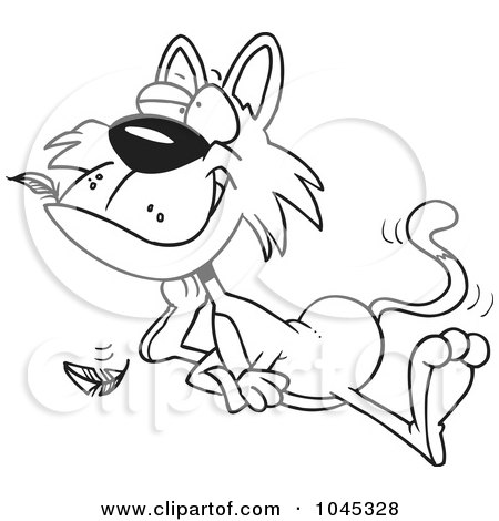 Royalty-Free (RF) Clip Art Illustration of a Cartoon Black And White Outline Design Of A Cat With A Bird In His Mouth by toonaday