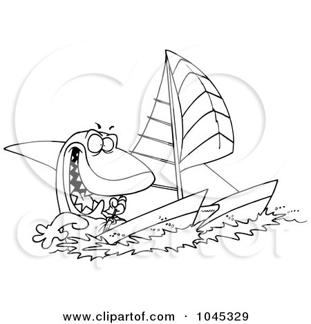 Royalty-Free (RF) Clip Art Illustration of a Cartoon Black And White Outline Design Of A Shark Sailing A Catamaran by toonaday