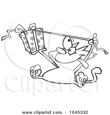Royalty-Free (RF) Clip Art Illustration of a Cartoon Black And White Outline Design Of A Cat Opening A Christmas Gift by toonaday