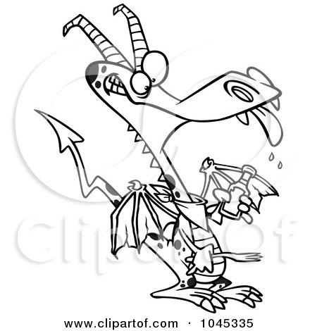 Royalty-Free (RF) Clip Art Illustration of a Cartoon Black And White Outline Design Of A Dragon Holding Ketchup by toonaday