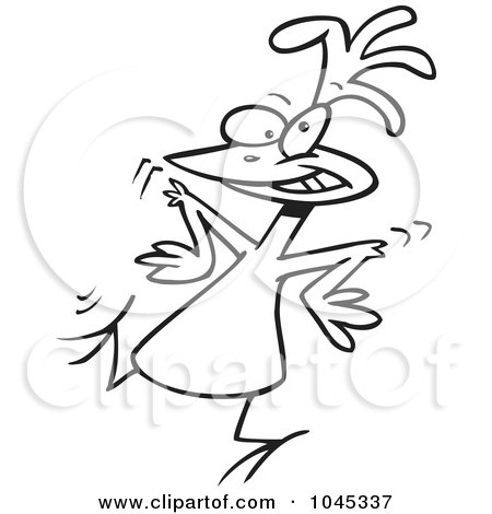 Royalty-Free (RF) Clip Art Illustration of a Cartoon Black And White Outline Design Of A Chicken Dancing by toonaday