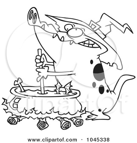 Royalty-Free (RF) Clip Art Illustration of a Cartoon Black And White Outline Design Of A Witch Alligator Sitrring A Cauldron by toonaday