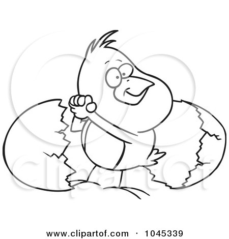 Royalty-Free (RF) Clip Art Illustration of a Cartoon Black And White Outline Design Of A Victorious Chick By An Egg Shell by toonaday