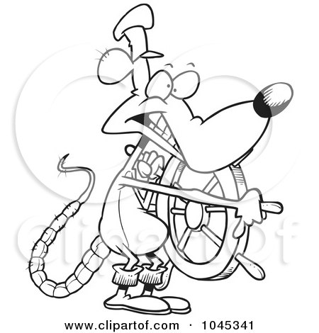 Royalty-Free (RF) Clip Art Illustration of a Cartoon Black And White Outline Design Of A Captain Rat Steering by toonaday
