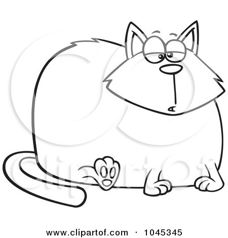 Royalty-Free (RF) Clip Art Illustration of a Cartoon Black And White Outline Design Of A Really Fat Cat by toonaday