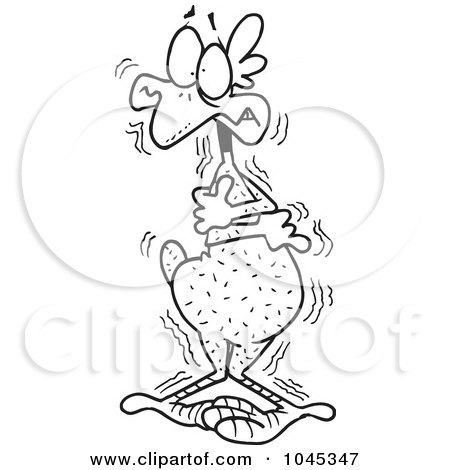 Royalty-Free (RF) Clip Art Illustration of a Cartoon Black And White Outline Design Of A Cold Featherless Chicken by toonaday