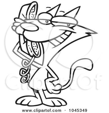 Royalty-Free (RF) Clip Art Illustration of a Cartoon Black And White Outline Design Of A Cat Talking On A Phone by toonaday
