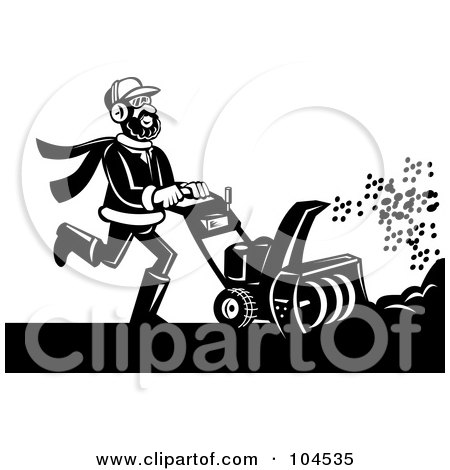 Royalty-Free (RF) Clipart Illustration of a Black And White Man Pushing A Snow Blower by patrimonio