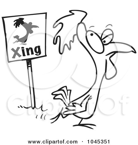 Royalty-Free (RF) Clip Art Illustration of a Cartoon Black And White Outline Design Of A Chicken Crossing By A Sign by toonaday