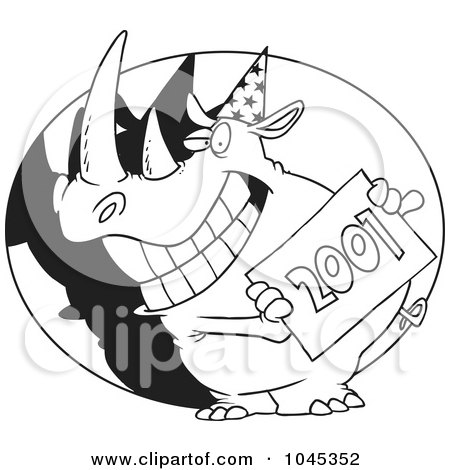Royalty-Free (RF) Clip Art Illustration of a Cartoon Black And White Outline Design Of A New Year Rhino Holding A Sign by toonaday