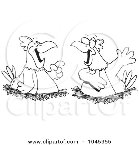 Royalty-Free (RF) Clip Art Illustration of a Cartoon Black And White Outline Design Of Chatting Chickens by toonaday