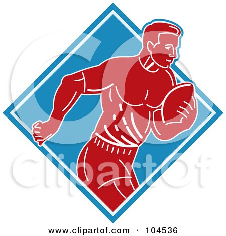 Royalty-Free (RF) Clipart Illustration of a Red And Blue Running Rugby Football Logo by patrimonio