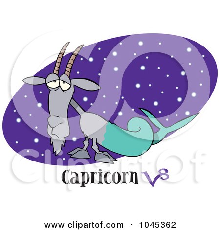 Royalty-Free (RF) Clip Art Illustration of a Cartoon Capricorn Sea Goat Over A Starry Purple Oval by toonaday
