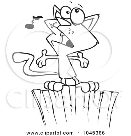 Royalty-Free (RF) Clip Art Illustration of a Cartoon Black And White Outline Design Of A Cat Singing On A Fence by toonaday