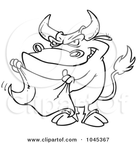 Royalty-Free (RF) Clip Art Illustration of a Cartoon Black And White Outline Design Of A Bull Waving A Cape by toonaday