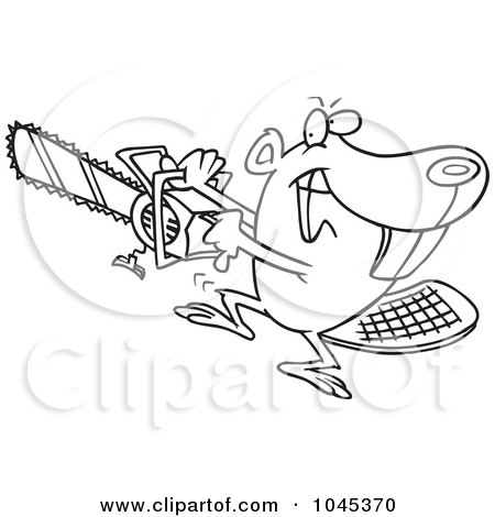 Royalty-Free (RF) Clip Art Illustration of a Cartoon Black And White Outline Design Of A Beaver Using A Chainsaw by toonaday