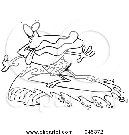 Royalty-Free (RF) Clip Art Illustration of a Cartoon Black And White Outline Design Of A Clam Playing A Clam Surfing by toonaday