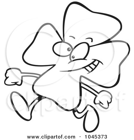 Royalty-Free (RF) Clip Art Illustration of a Cartoon Black And White Outline Design Of A Walking St Patricks Day Clover by toonaday