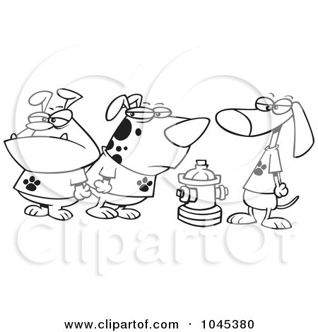 Royalty-Free (RF) Clip Art Illustration of a Cartoon Black And White Outline Design Of A Clique Of Dogs By A Hydrant by toonaday