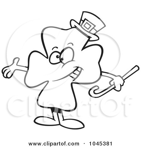 Royalty-Free (RF) Clip Art Illustration of a Cartoon Black And White Outline Design Of A Presenting St Patricks Day Clover by toonaday
