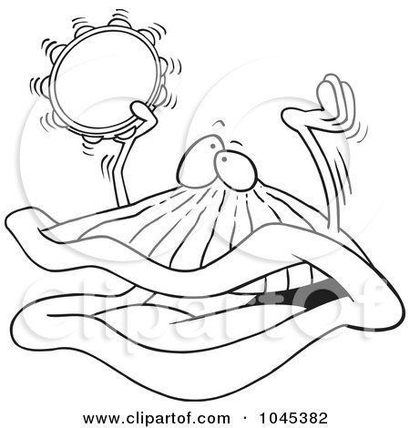 Royalty-Free (RF) Clip Art Illustration of a Cartoon Black And White Outline Design Of A Clam Playing A Clam Playing A Tambourine by toonaday