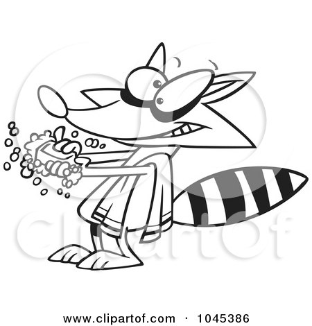 Royalty-Free (RF) Clip Art Illustration of a Cartoon Black And White Outline Design Of A Raccoon Washing His Hands by toonaday