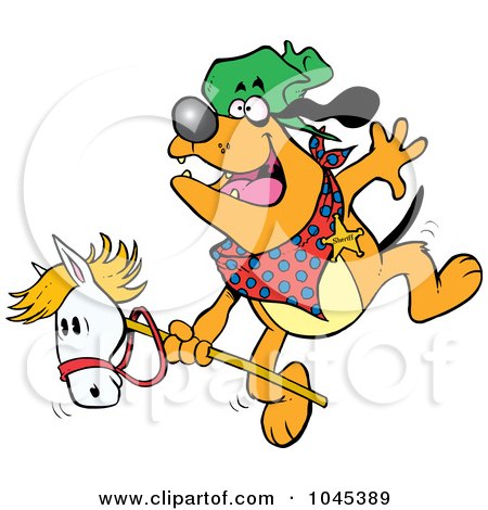 Royalty-Free (RF) Clip Art Illustration of a Cartoon Cowboy Bulldog Riding A Stick Pony by toonaday