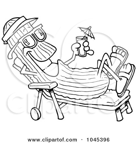 Royalty-Free (RF) Clip Art Illustration of a Cartoon Black And White Outline Design Of A Cool Cucumber In A Lounge Chair by toonaday