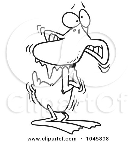 Royalty-Free (RF) Clip Art Illustration of a Cartoon Black And White Outline Design Of A Shivering Cold Duck by toonaday