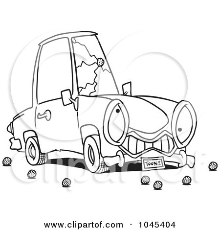 Royalty-Free (RF) Clip Art Illustration of a Cartoon Black And White Outline Design Of A Car With A Cracked Windshield by toonaday