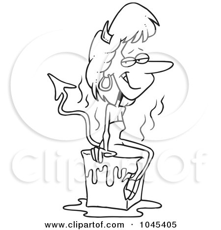 Royalty-Free (RF) Clip Art Illustration of a Cartoon Black And White Outline Design Of A She Devil Cooling Off On A Block Of Ice by toonaday