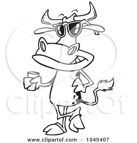Royalty-Free (RF) Clip Art Illustration of a Cartoon Black And White Outline Design Of A Cow Standing With A Glass Of Milk by toonaday