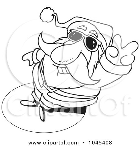 Royalty-Free (RF) Clip Art Illustration of a Cartoon Black And White Outline Design Of Santa Gesturing Peace by toonaday