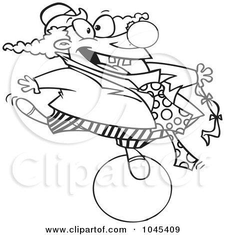 Royalty-Free (RF) Clip Art Illustration of a Cartoon Black And White Outline Design Of A Clown Balancing On A Ball by toonaday