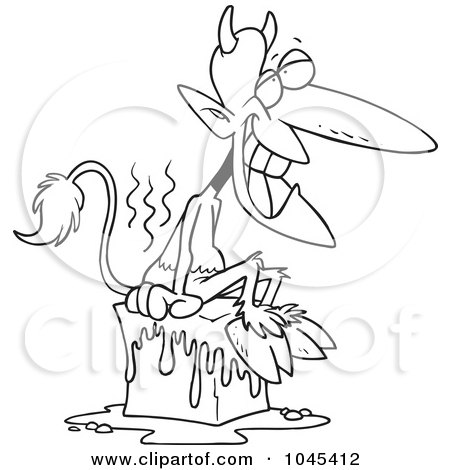 Royalty-Free (RF) Clip Art Illustration of a Cartoon Black And White Outline Design Of A Devil Cooling Off On A Block Of Ice by toonaday