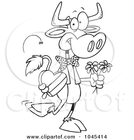 Royalty-Free (RF) Clip Art Illustration of a Cartoon Black And White Outline Design Of A Romantic Cow by toonaday