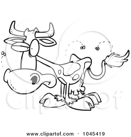 Royalty-Free (RF) Clip Art Illustration of a Cartoon Black And White Outline Design Of A Stinky Cow by toonaday