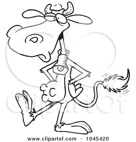 Royalty-Free (RF) Clip Art Illustration of a Cartoon Black And White Outline Design Of A Cow Wearing A Bell And Walking Upright by toonaday