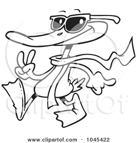 Royalty-Free (RF) Clip Art Illustration of a Cartoon Black And White Outline Design Of A Cool Duck by toonaday