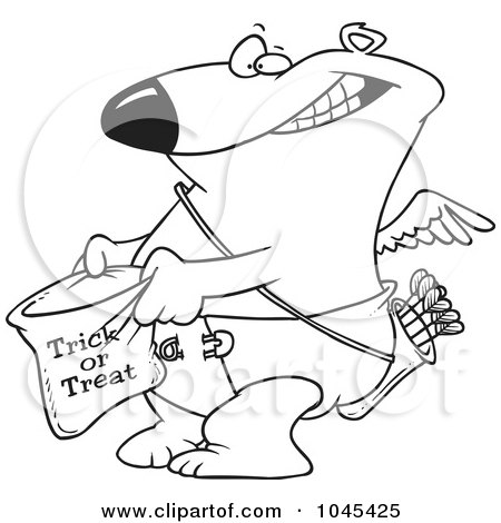 Royalty-Free (RF) Clip Art Illustration of a Cartoon Black And White Outline Design Of A Cupid Bear Trick Or Treating by toonaday